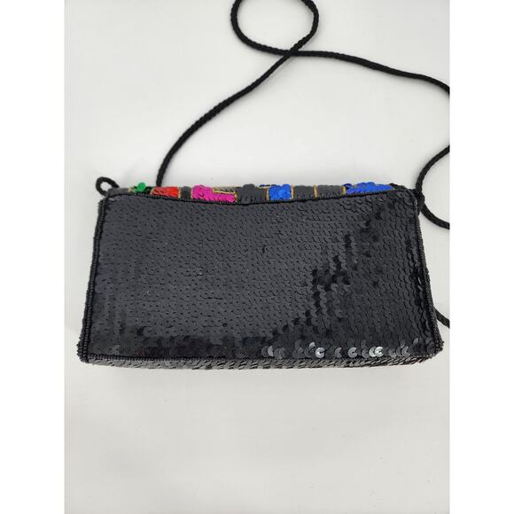 Geometric Sequin Crossbody Shoulder Bag Black with Multicolor Flap - Picture 12 of 13